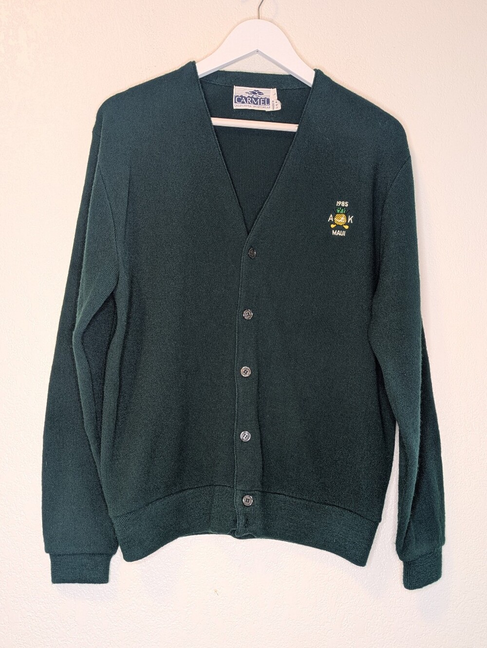 VTG 80s Carmel California Sportswear Green Cardigan Maui Pineapple Embroidered L